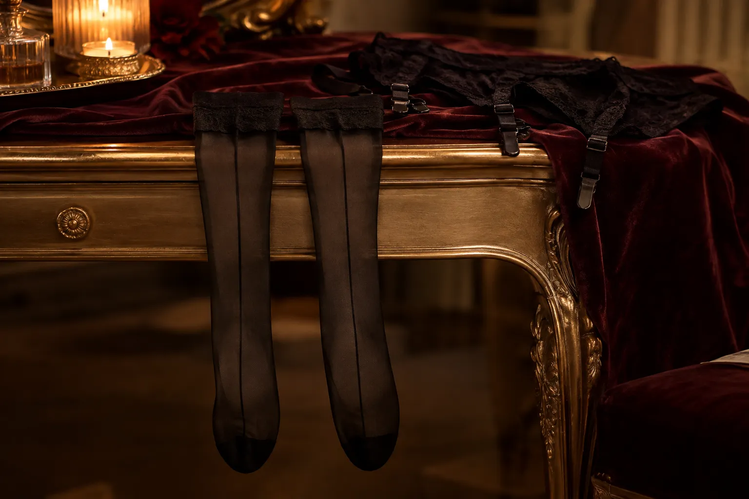 Bas à couture noirs suspendus à une coiffeuse dorée près d'un porte-jarretelles en dentelle, photo éditoriale ultra réaliste