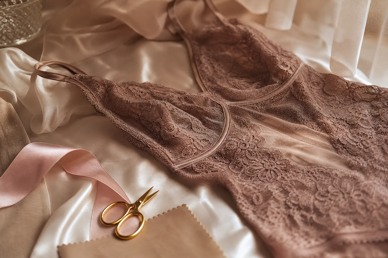 Body en dentelle fine, détail de couture, photo éditoriale ultra réaliste