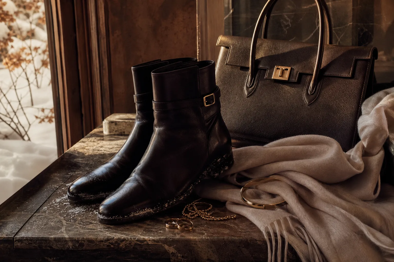 Bottes en cuir sur un trottoir enneigé, photo éditoriale ultra réaliste