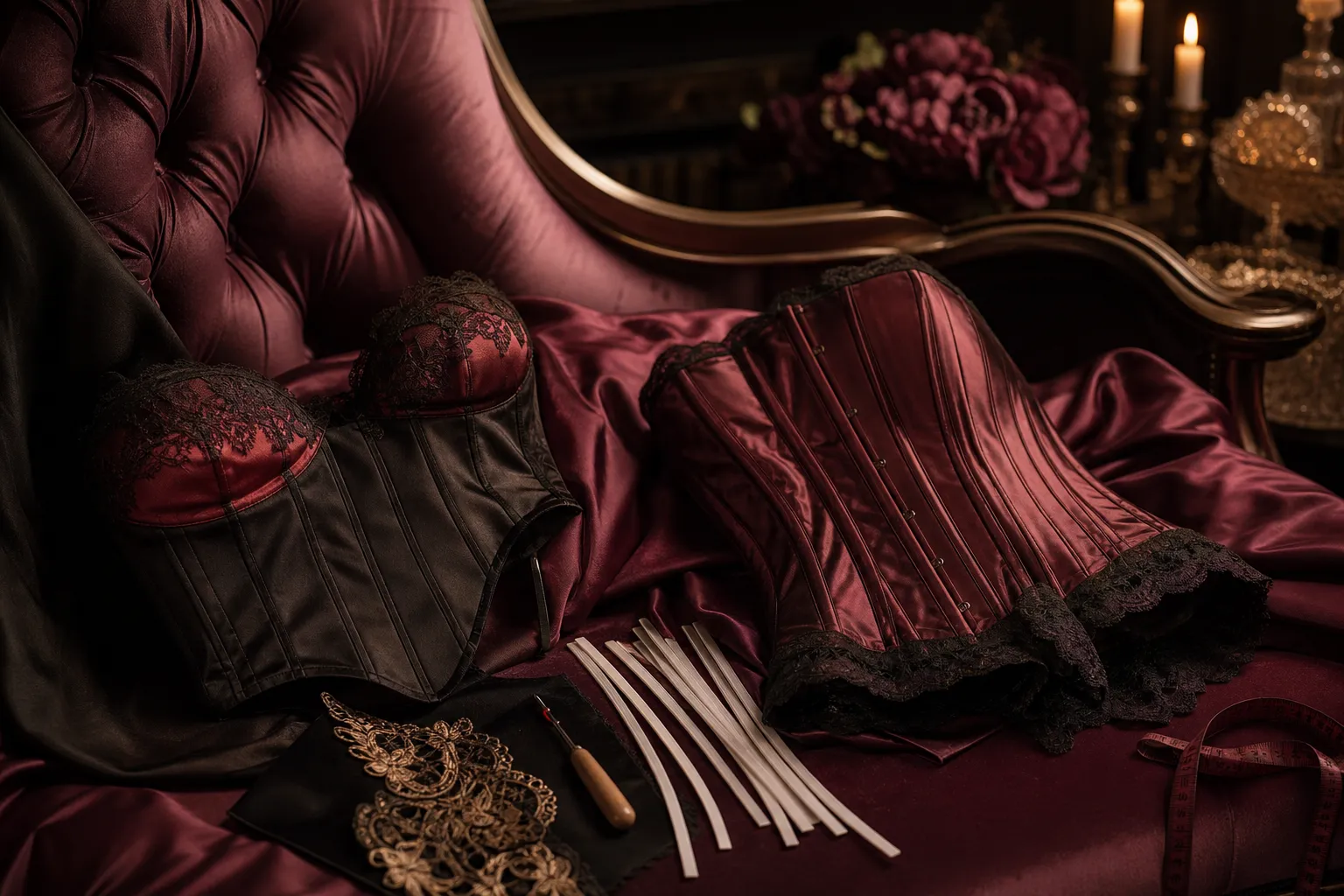 Bustier baleiné en satin posé dans un boudoir, photo éditoriale ultra réaliste