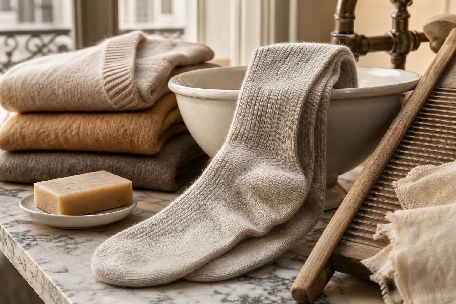 Chaussettes en laine posées, texture détaillée, photo ultra réaliste