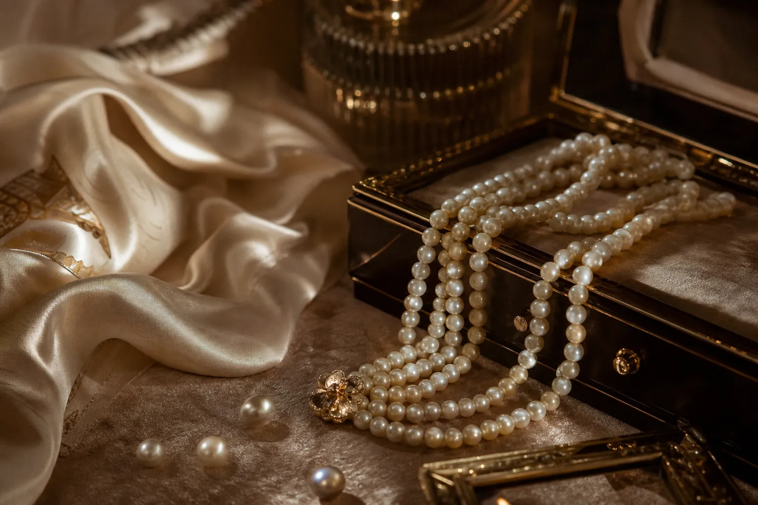 Collier de perles posé sur un velours, photo éditoriale ultra réaliste