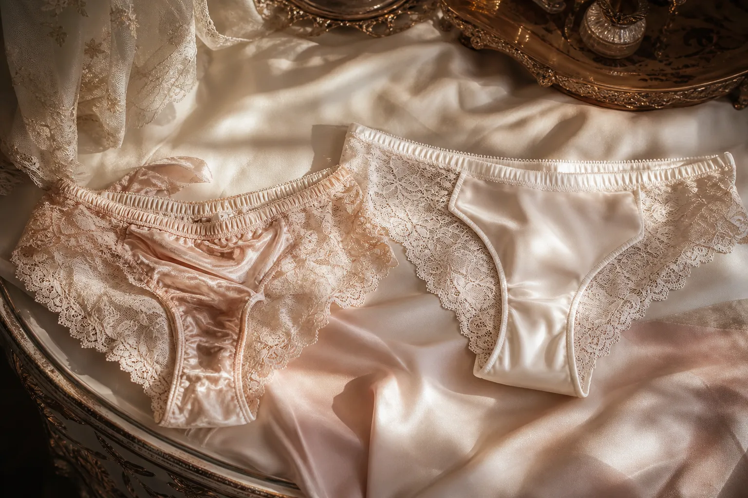 Culotte en dentelle délicatement posée à plat, photo éditoriale ultra réaliste