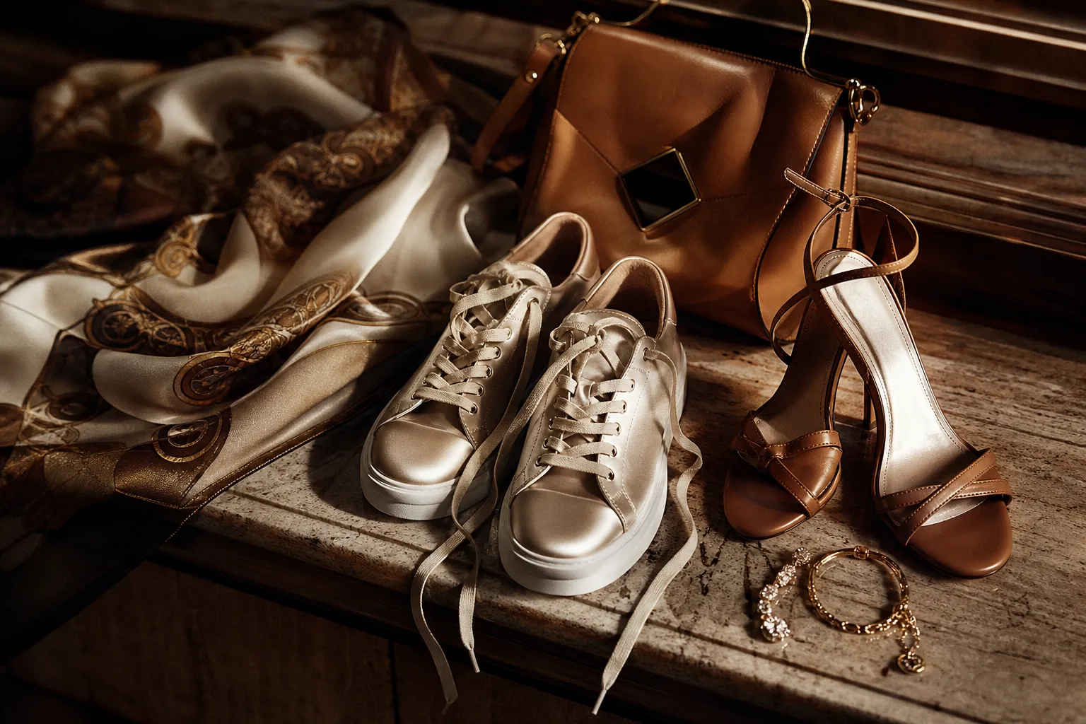 Baskets satinées aux lacets défaits, photo éditoriale ultra réaliste