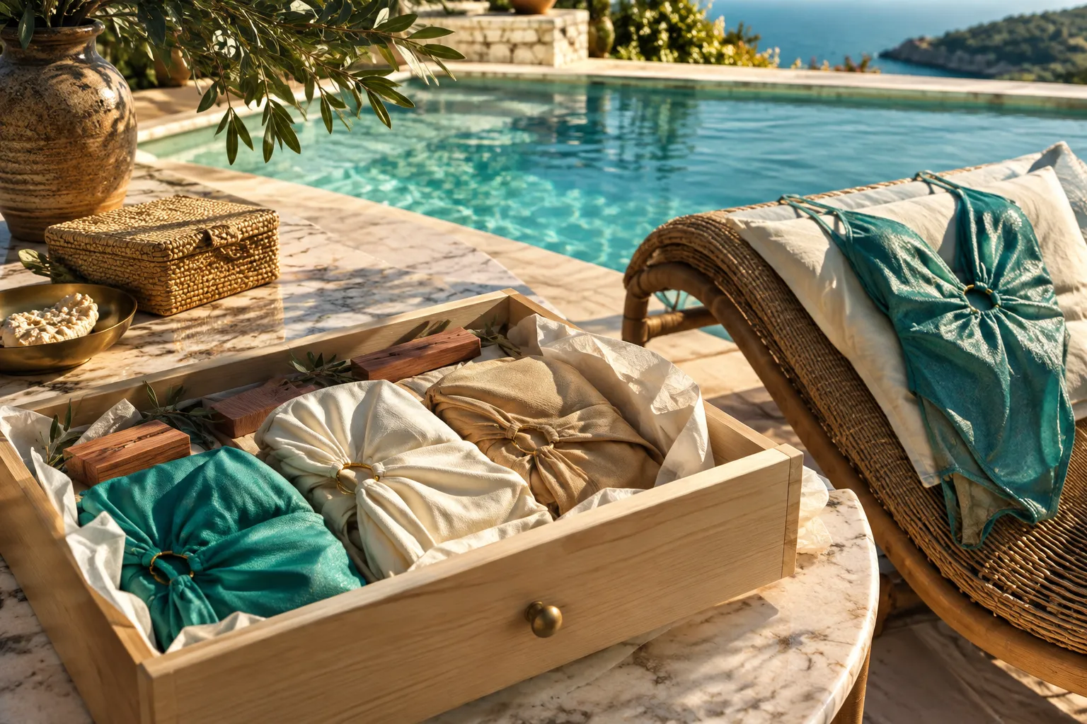Maillots de bain roulés dans un tiroir en bois au bord d'une piscine, photo éditoriale ultra réaliste