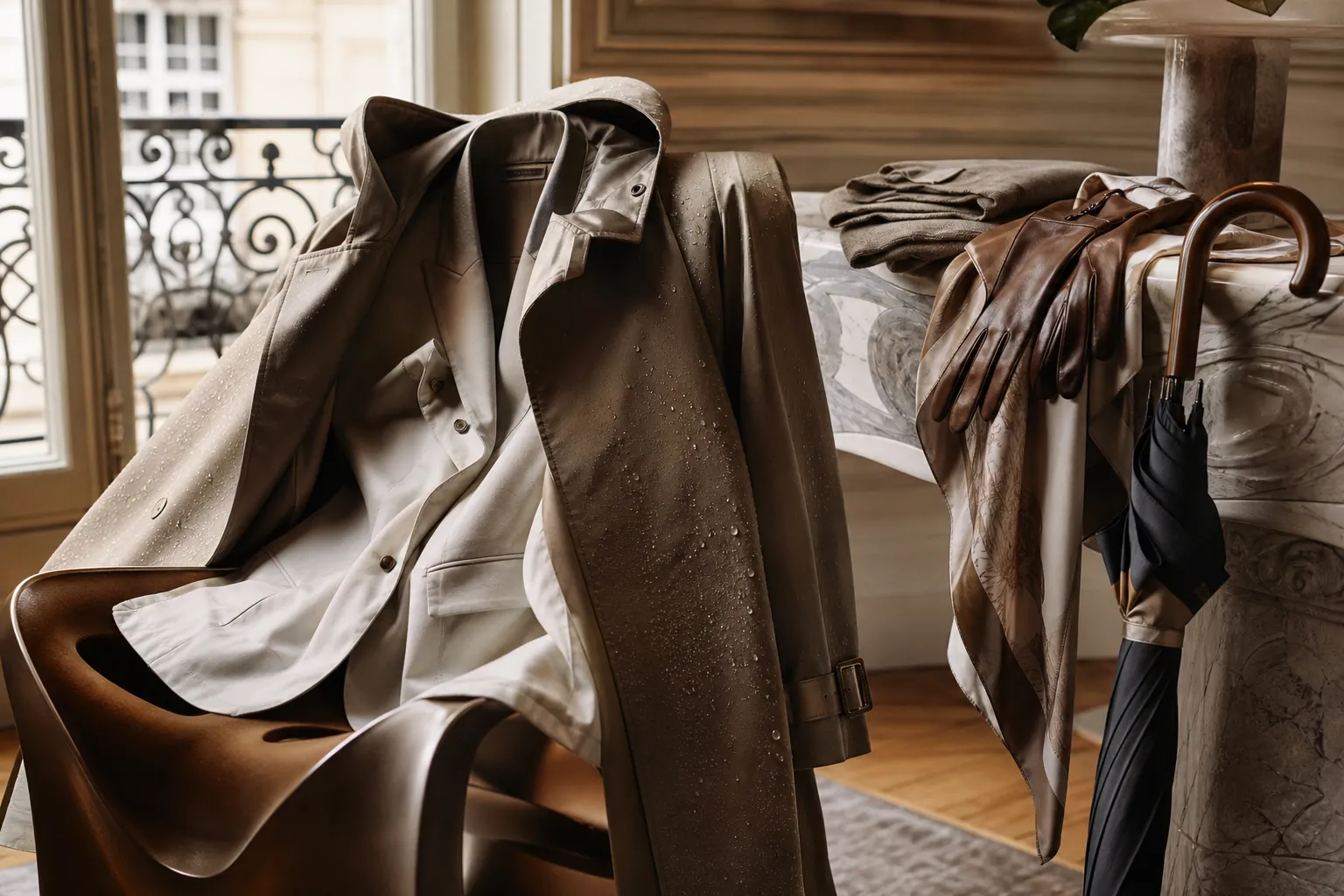 Manteau imperméable sous la pluie, photo éditoriale ultra réaliste
