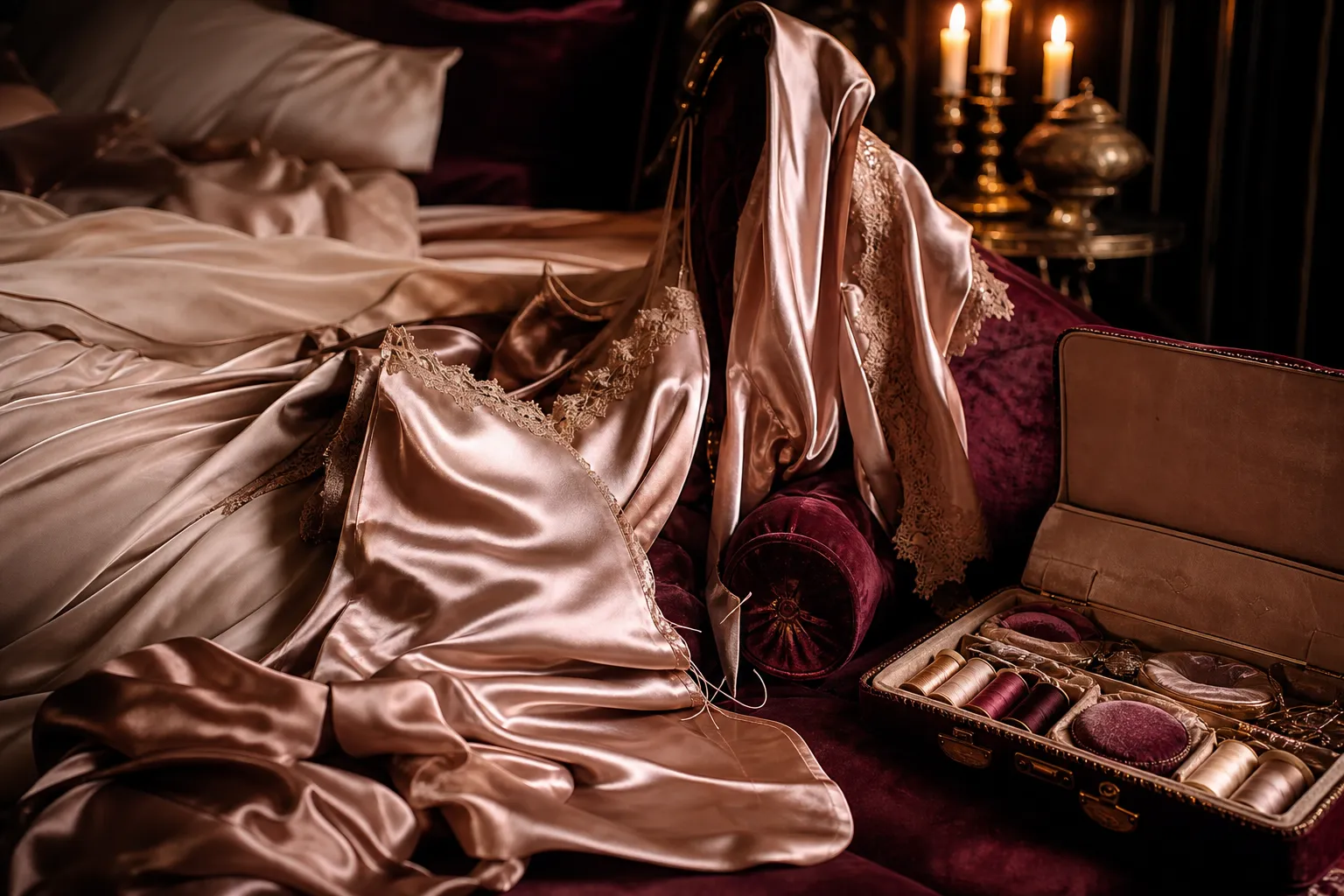 Kimono en satin champagne dans un boudoir, photo éditoriale ultra réaliste