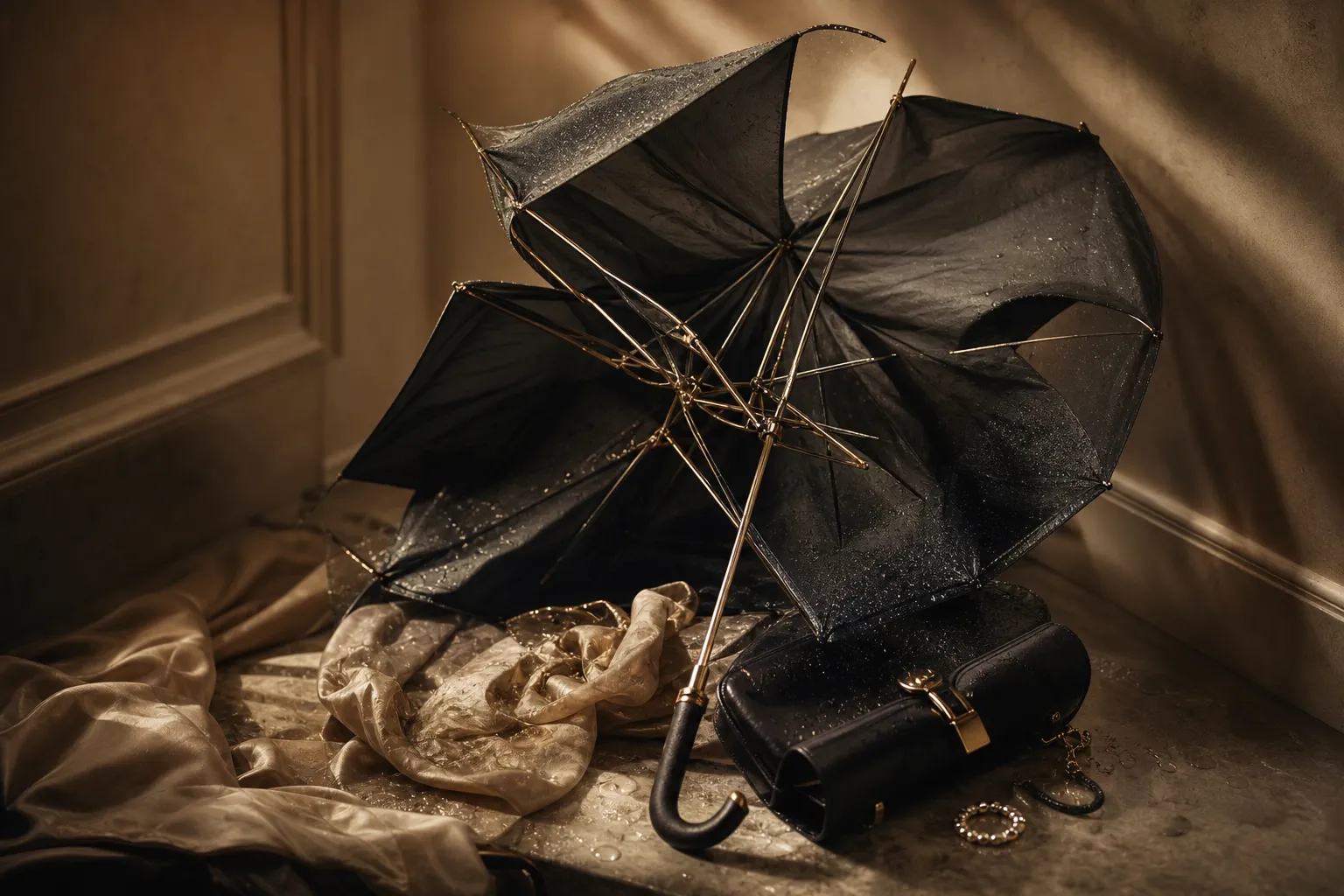Parapluie ouvert sous la pluie et le vent, photo éditoriale ultra réaliste