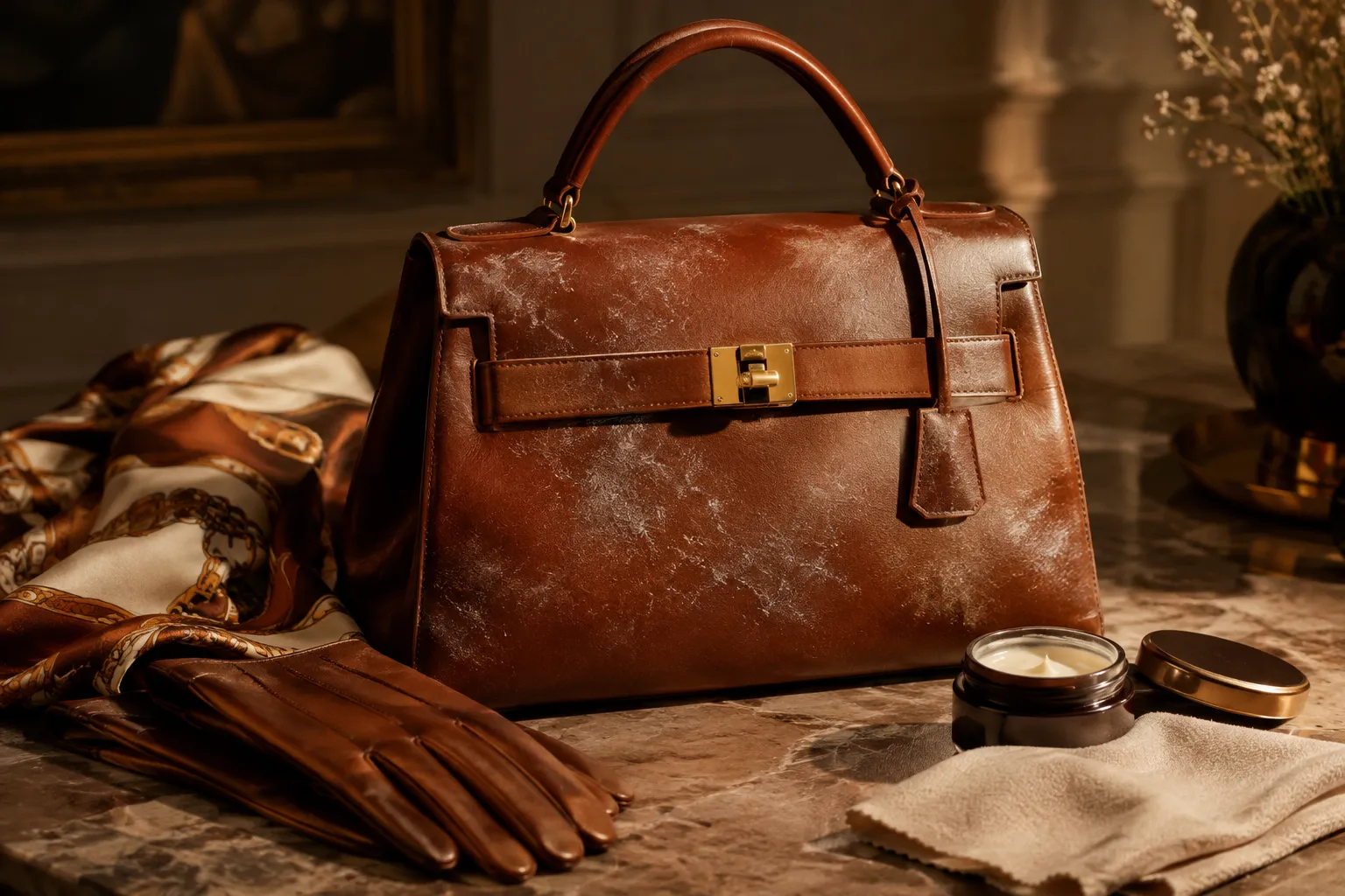 Sac en cuir cognac voilé de taches blanches, près d'une crème nourrissante et d'un chiffon, photo éditoriale ultra réaliste