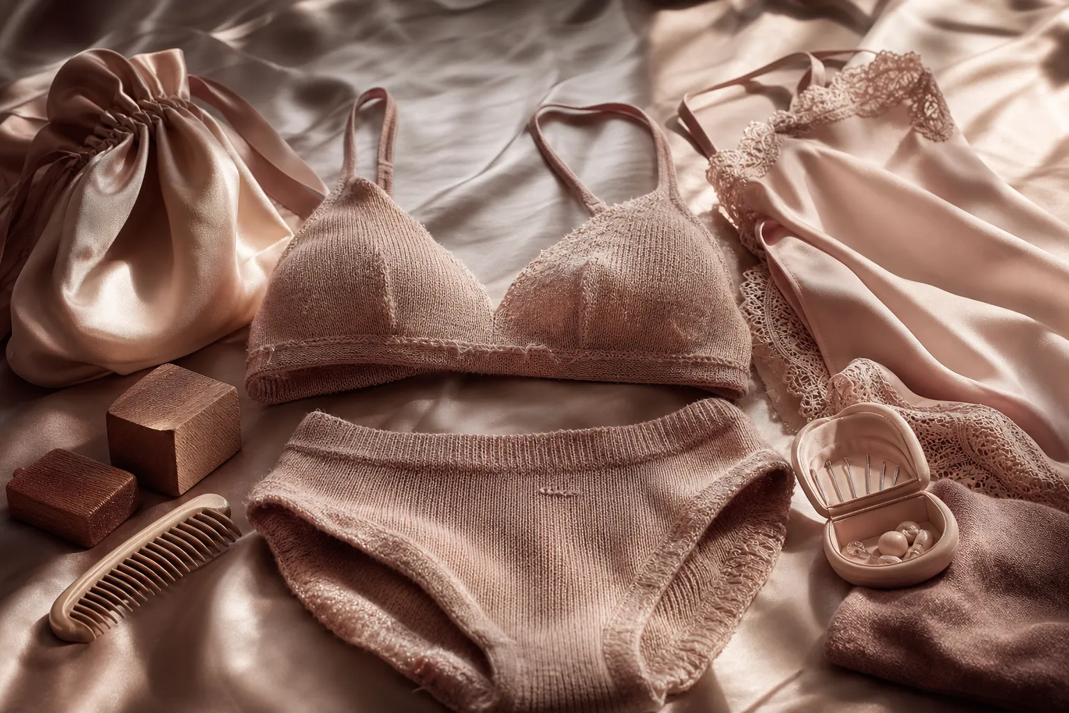 Ensemble de lingerie en maille de laine posé sur du satin, photo éditoriale ultra réaliste