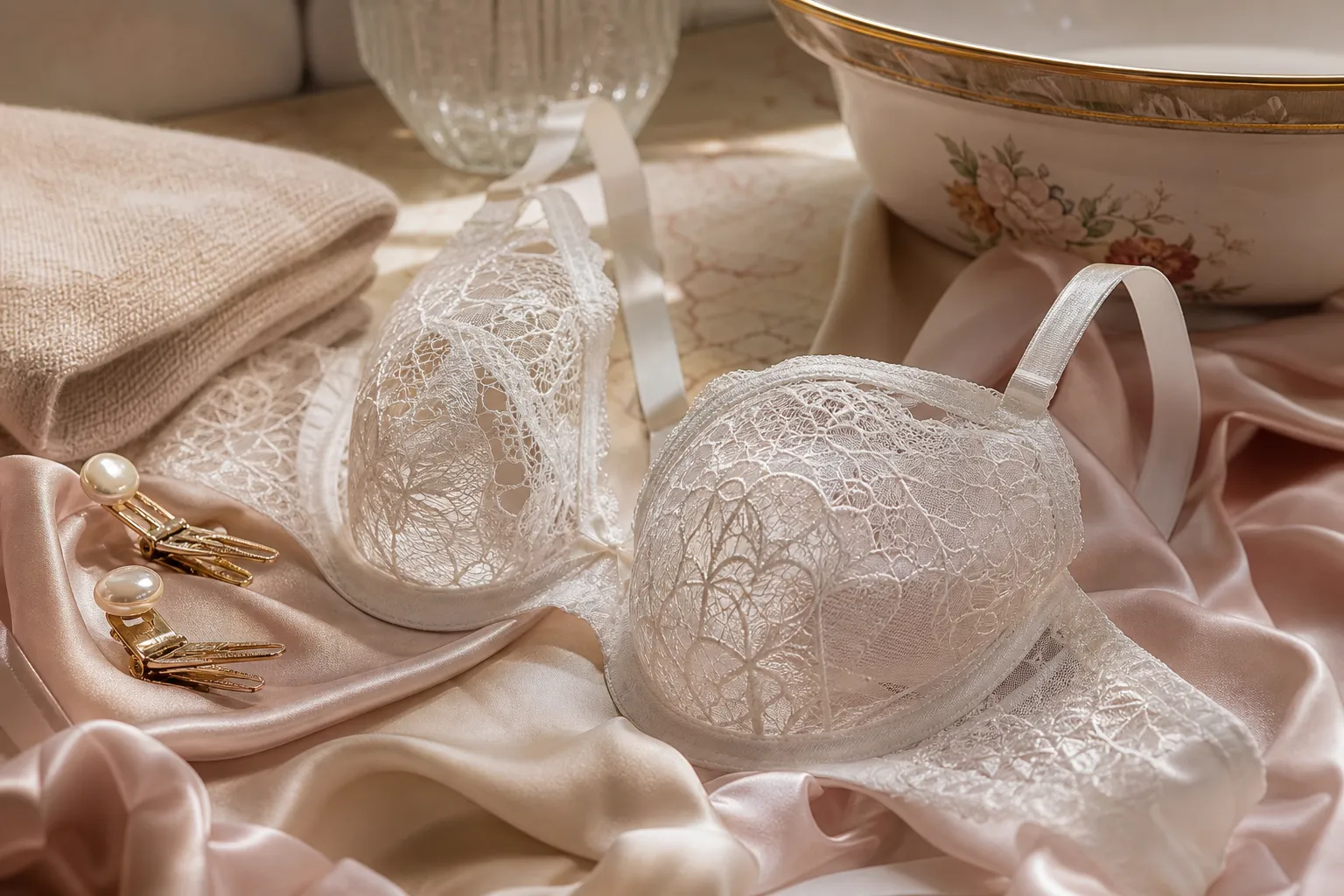 Soutien-gorge blanc en dentelle fine, photo éditoriale ultra réaliste