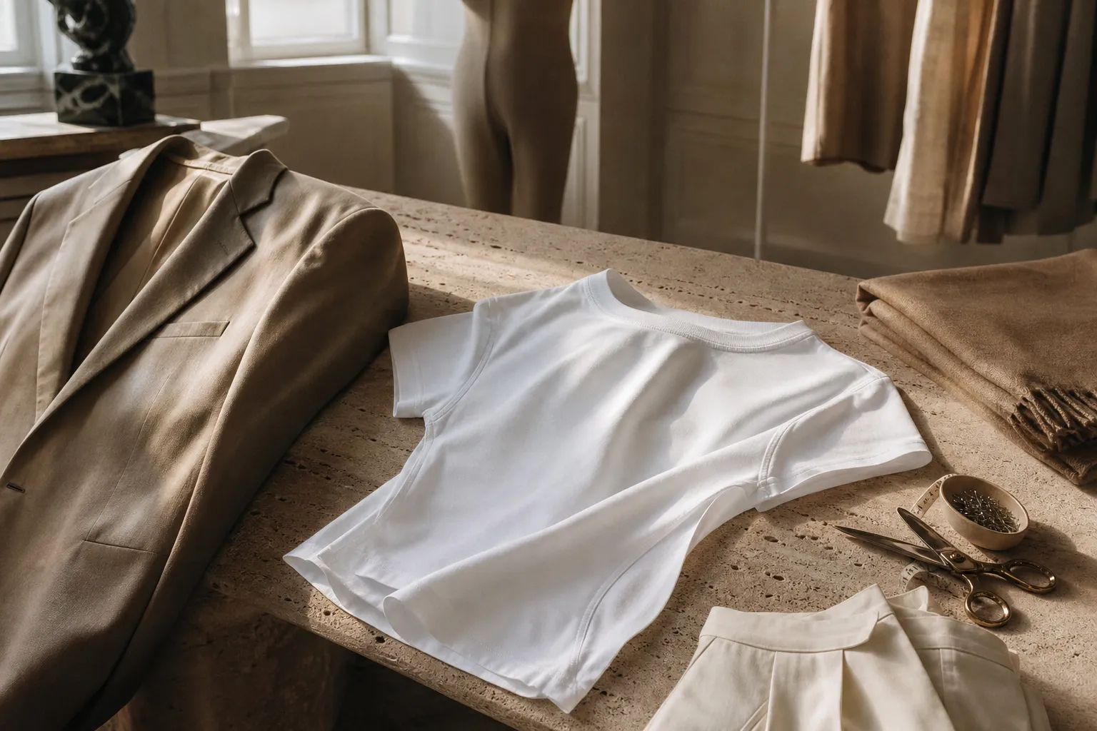 T-shirt blanc en coton posé à plat, photo éditoriale ultra réaliste