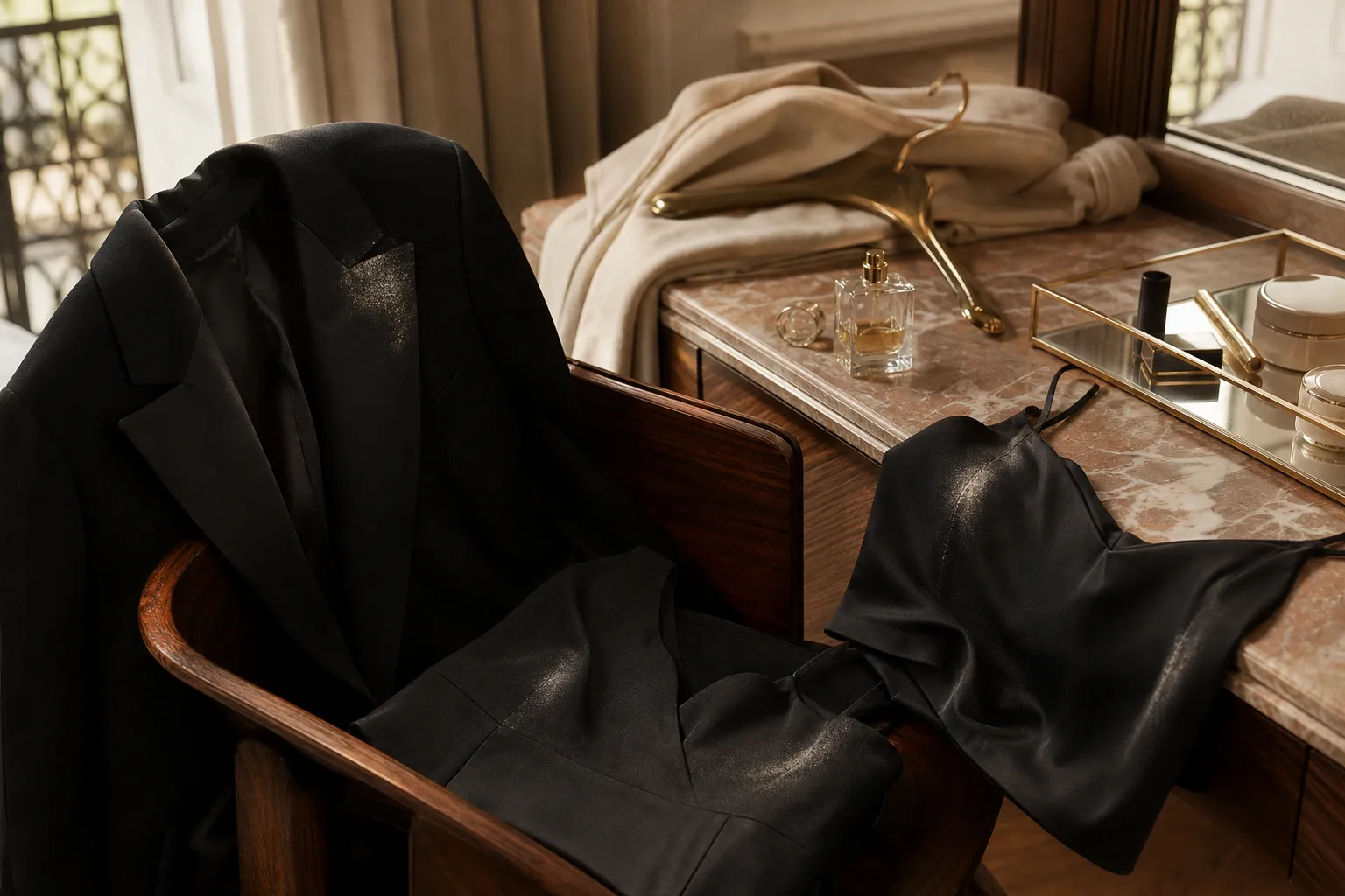 Robe noire élégante sur un cintre dans un dressing, photo éditoriale ultra réaliste