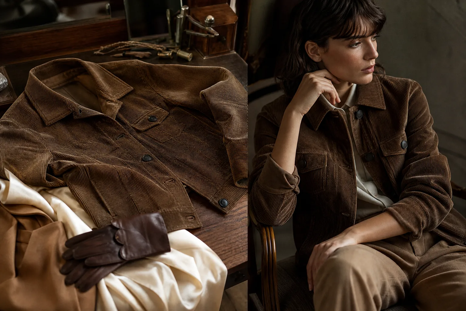 Veste en velours côtelé, texture détaillée, photo éditoriale ultra réaliste